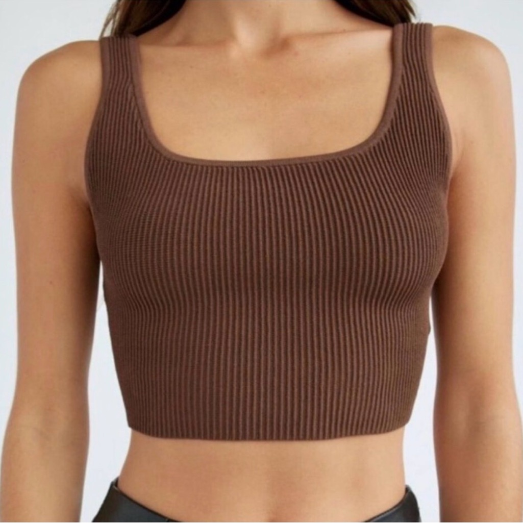Babaton Sculpt Knit Square Neck Cropped Tank In Brown Women’s Size Xs